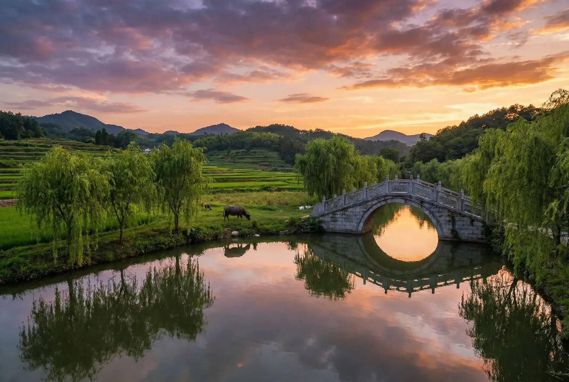 夕阳下的石拱桥与垂柳，水牛在河边吃草 - ai换脸 乡村美景